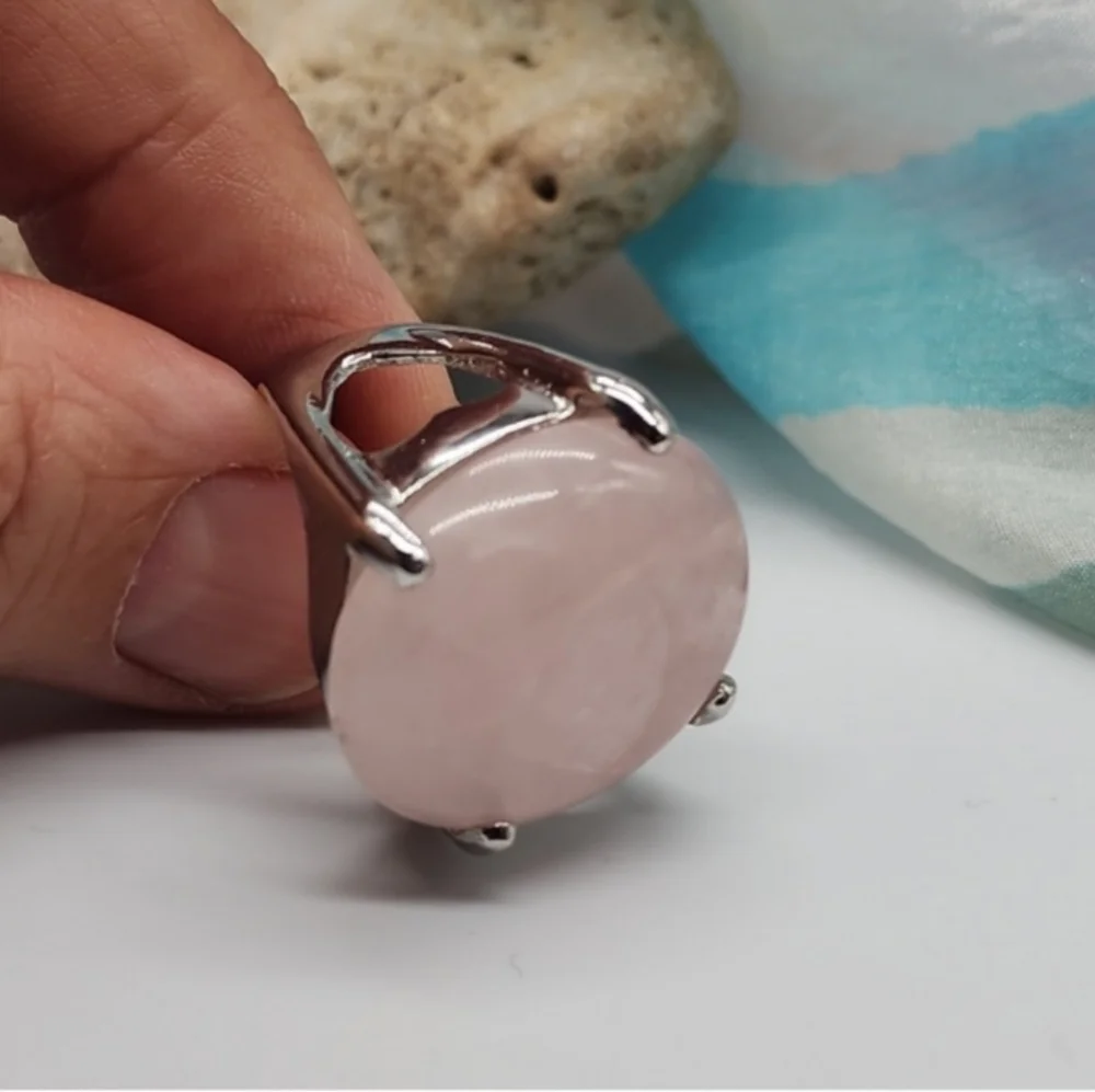 Nature Rose Quartz Silver Ring Healing Genuine Love Protective Crystal